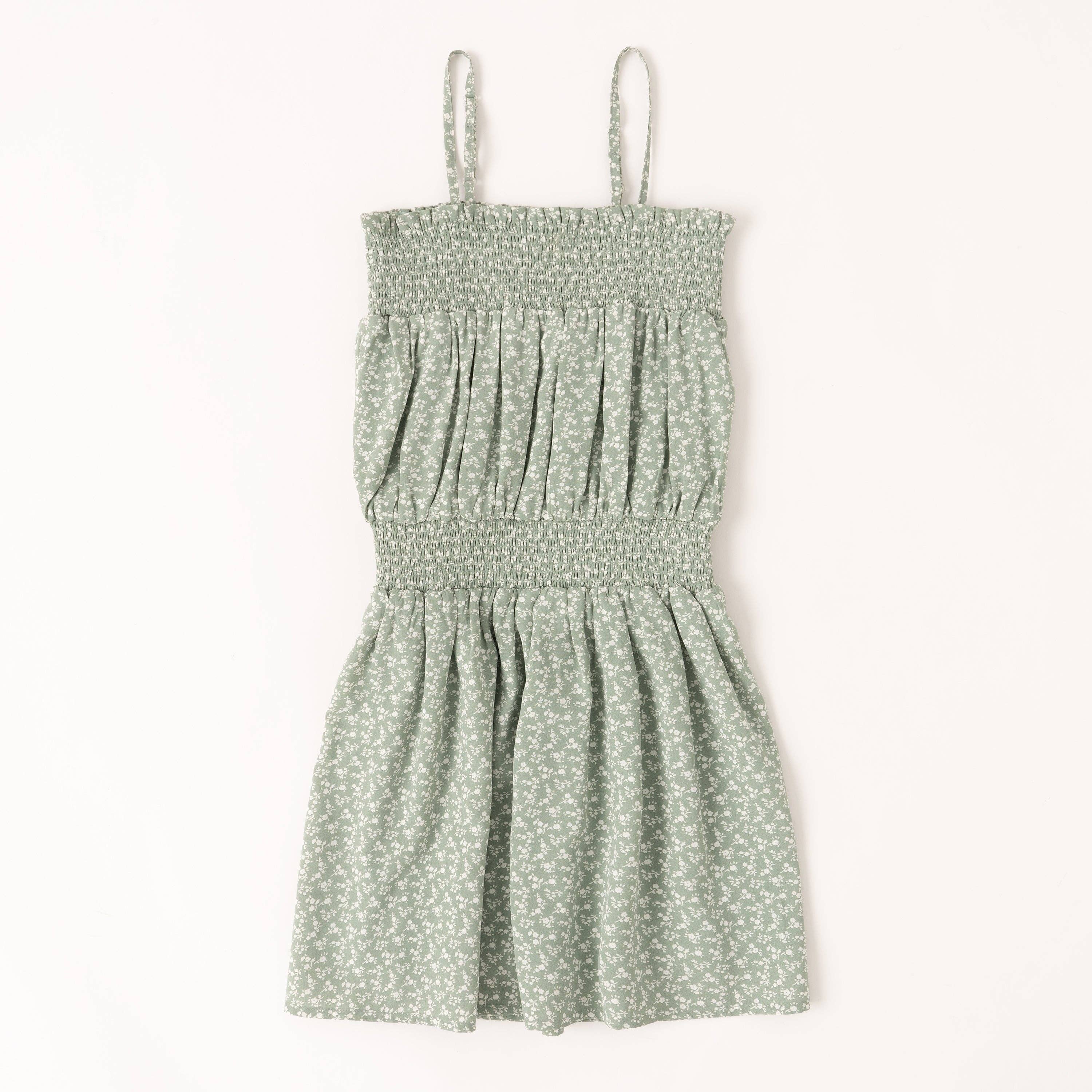 Mini/Tween Girls Ditsy Daisy Smock Waist Sun Dress: Light Sage Green with White Micro Flowers