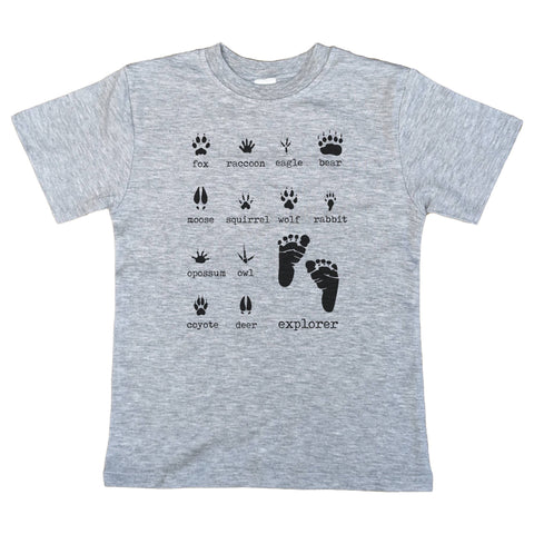 Barefoot S/S TShirt, UNISEX, Heather Grey, Woodland Animal Footprints