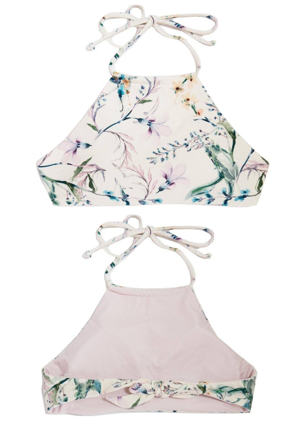 Tween/Teen Reversible Eco-friendly, Sustainable Swim Halter Top - Isla Corsica Natural Floral/Lt Lavender