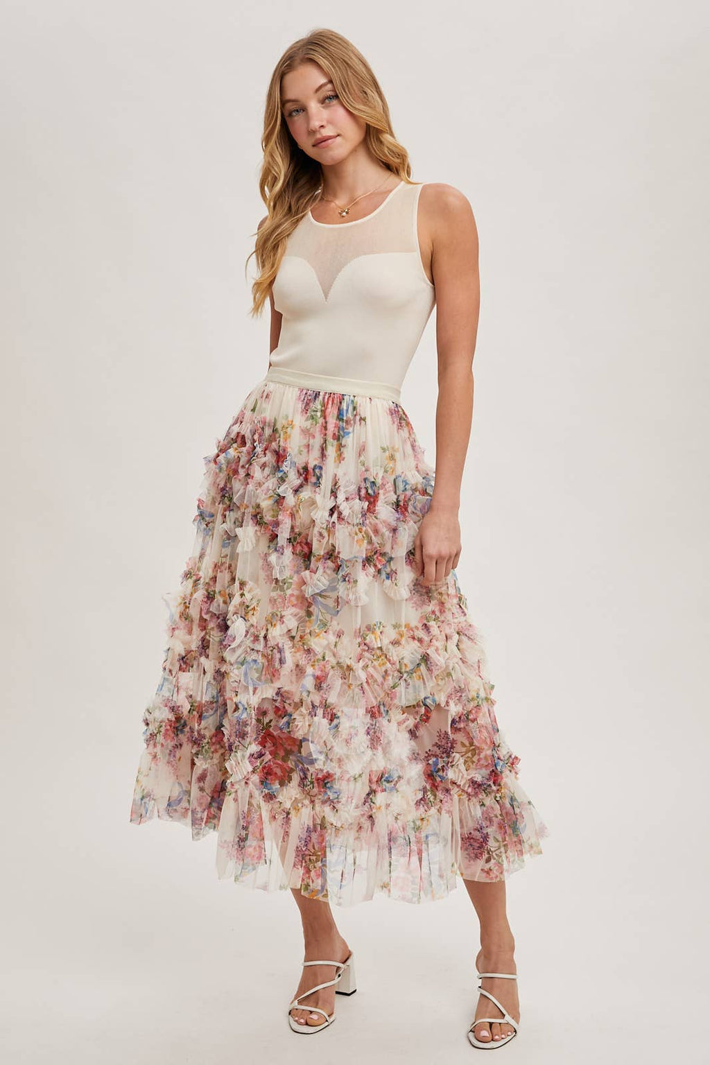 Women's/Junior Floral Ruffled Tulle Midi Length Skirt - Cream and Maroon