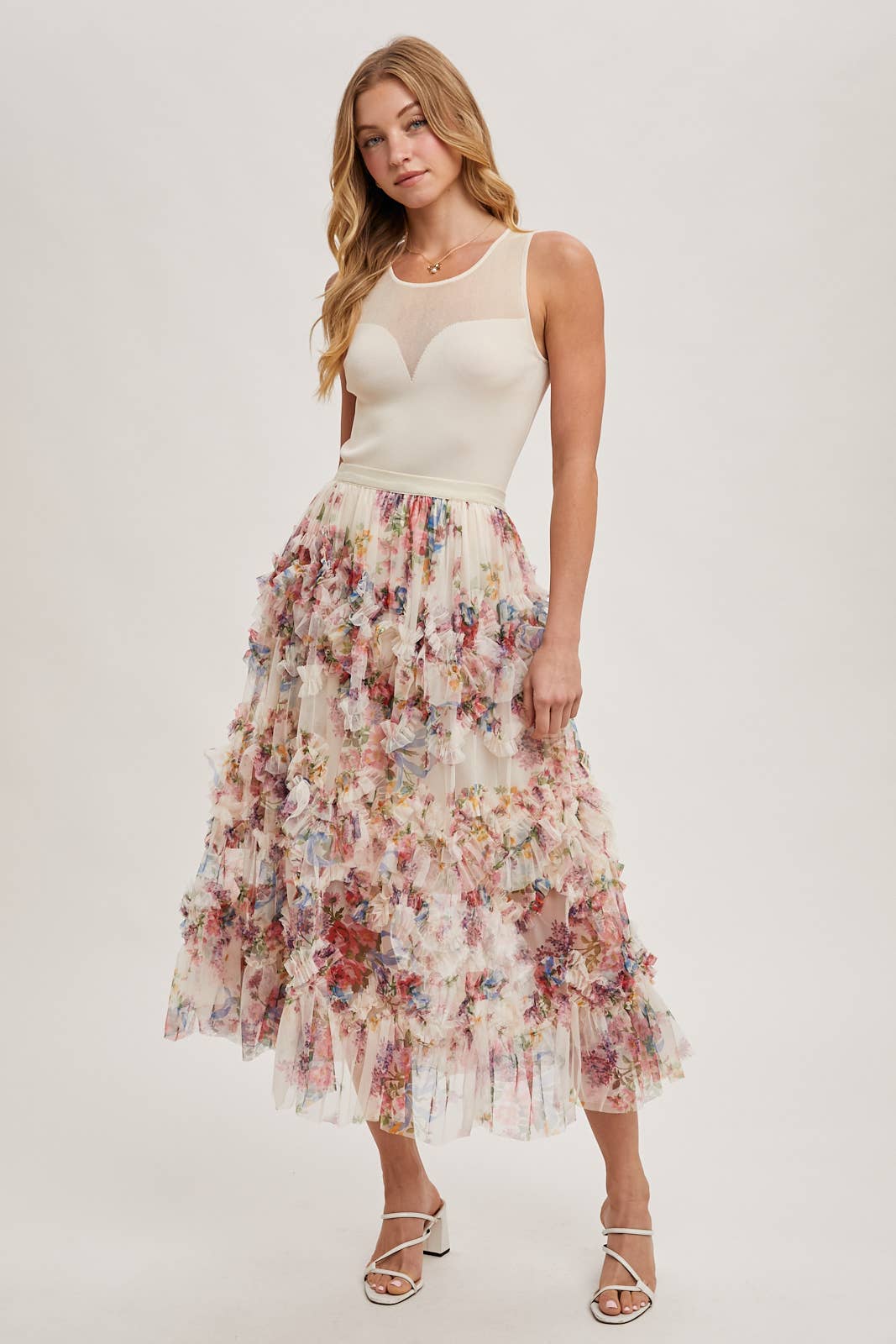 Women's/Junior Floral Ruffled Tulle Midi Length Skirt - Cream and Maroon