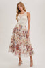 Women's/Junior Floral Ruffled Tulle Midi Length Skirt - Cream and Maroon