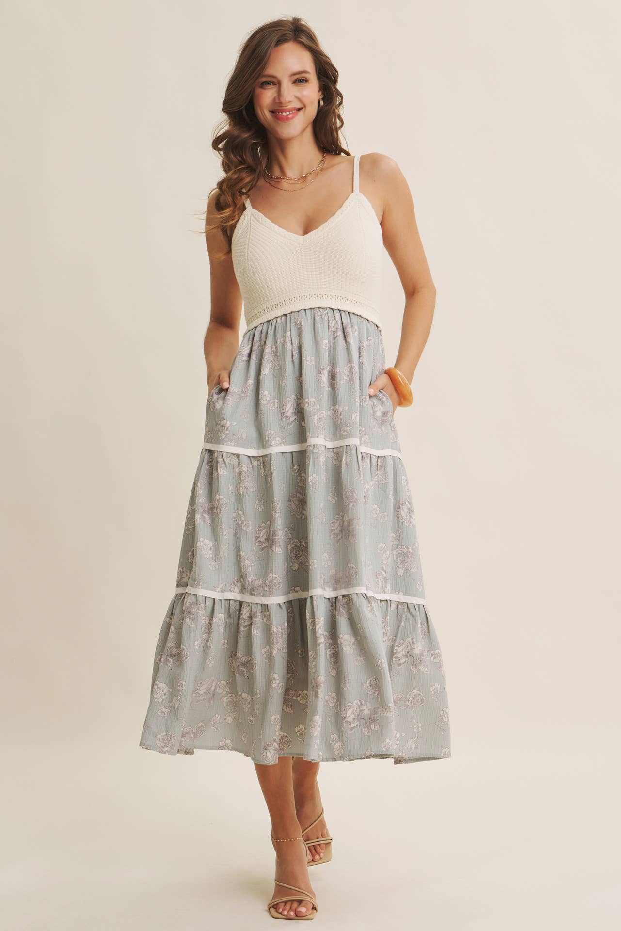 Women's Knit Spaghetti Top Two-fer Midi Sun Dress with Pockets, Ivory and Dusty Blue