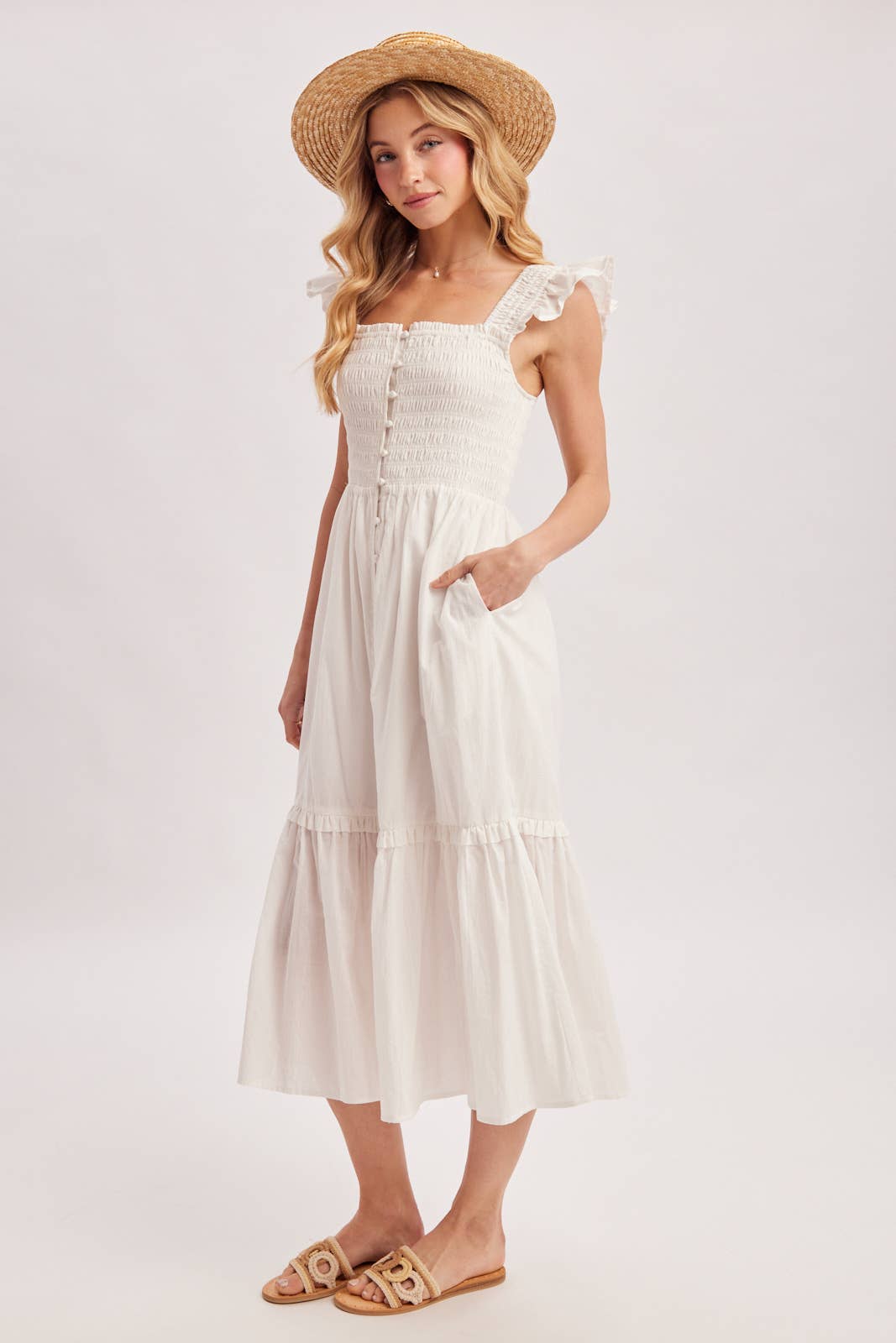 Women's Smocked Square Neck Midi Dress with Hidden Side Pockets - Soft White