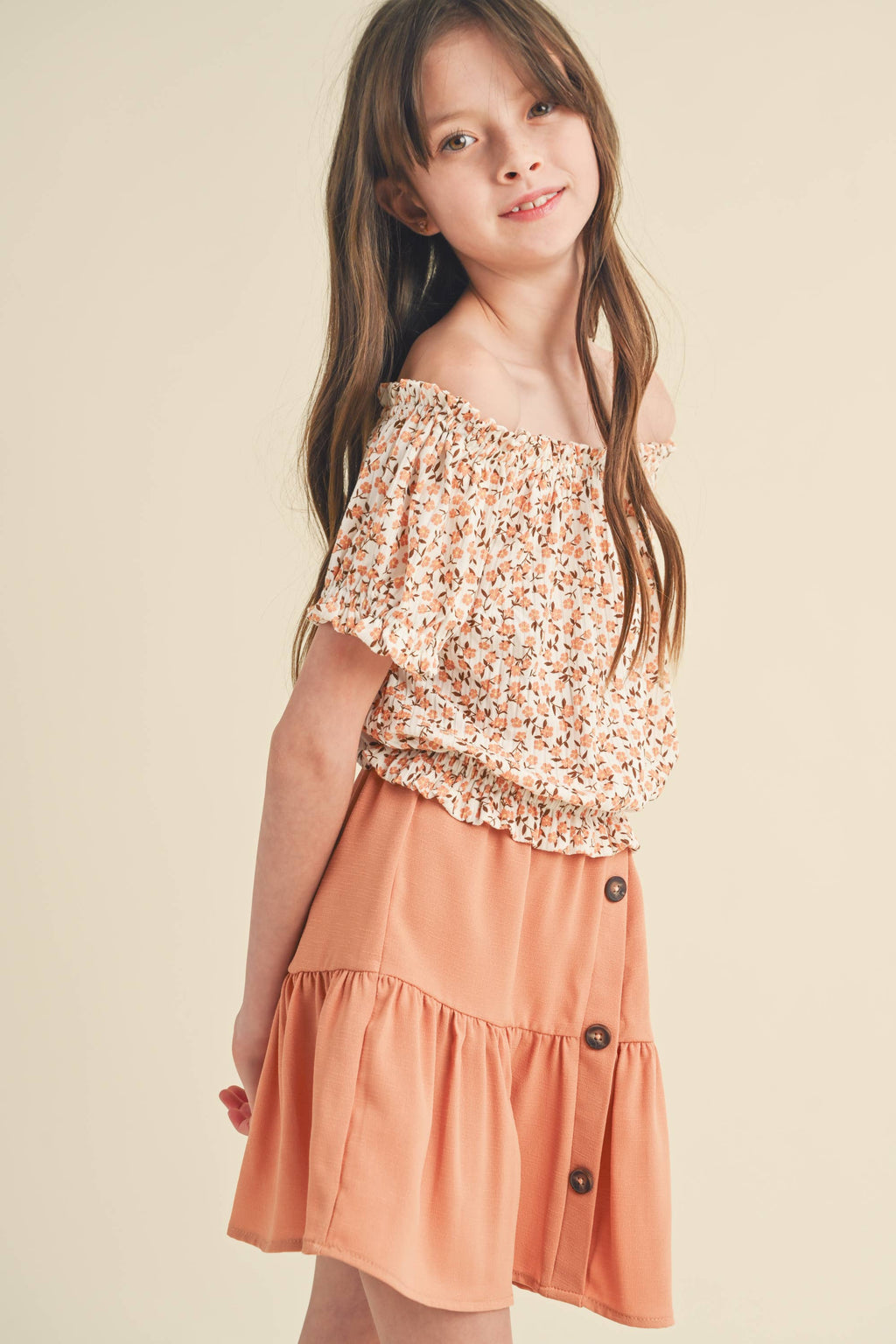 Tween/Teen Girls 2PC Floral Peasant Top and Button Skirt Set - Earthy Poppy/Tan