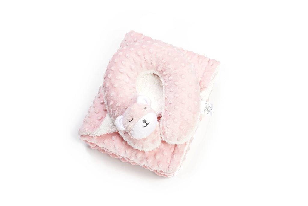 Minky Sleepy Plush Baby Blanket with Plush Neck Pillow: Pink Bear