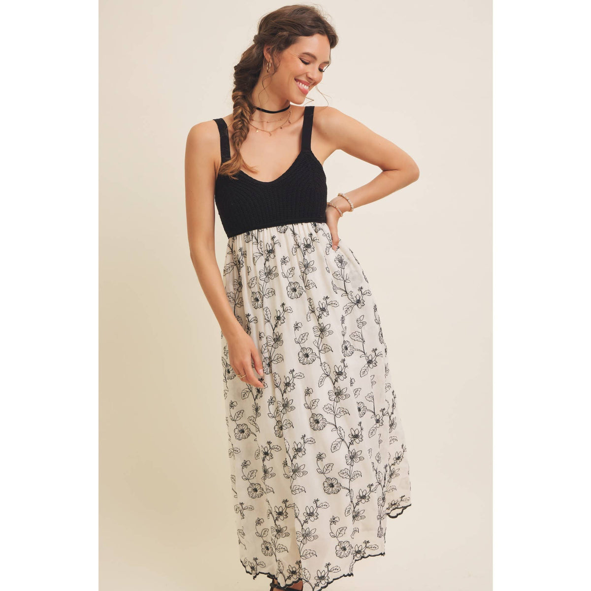 Women's Knit Spaghetti Top Two-fer Embroidered Midi Sun Dress with Pockets, Cream and Black