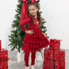 Mini Girls L/S Pearlized Layered Tulle Dress, Rhinestone & Pearl Bow Applique - Holiday Red