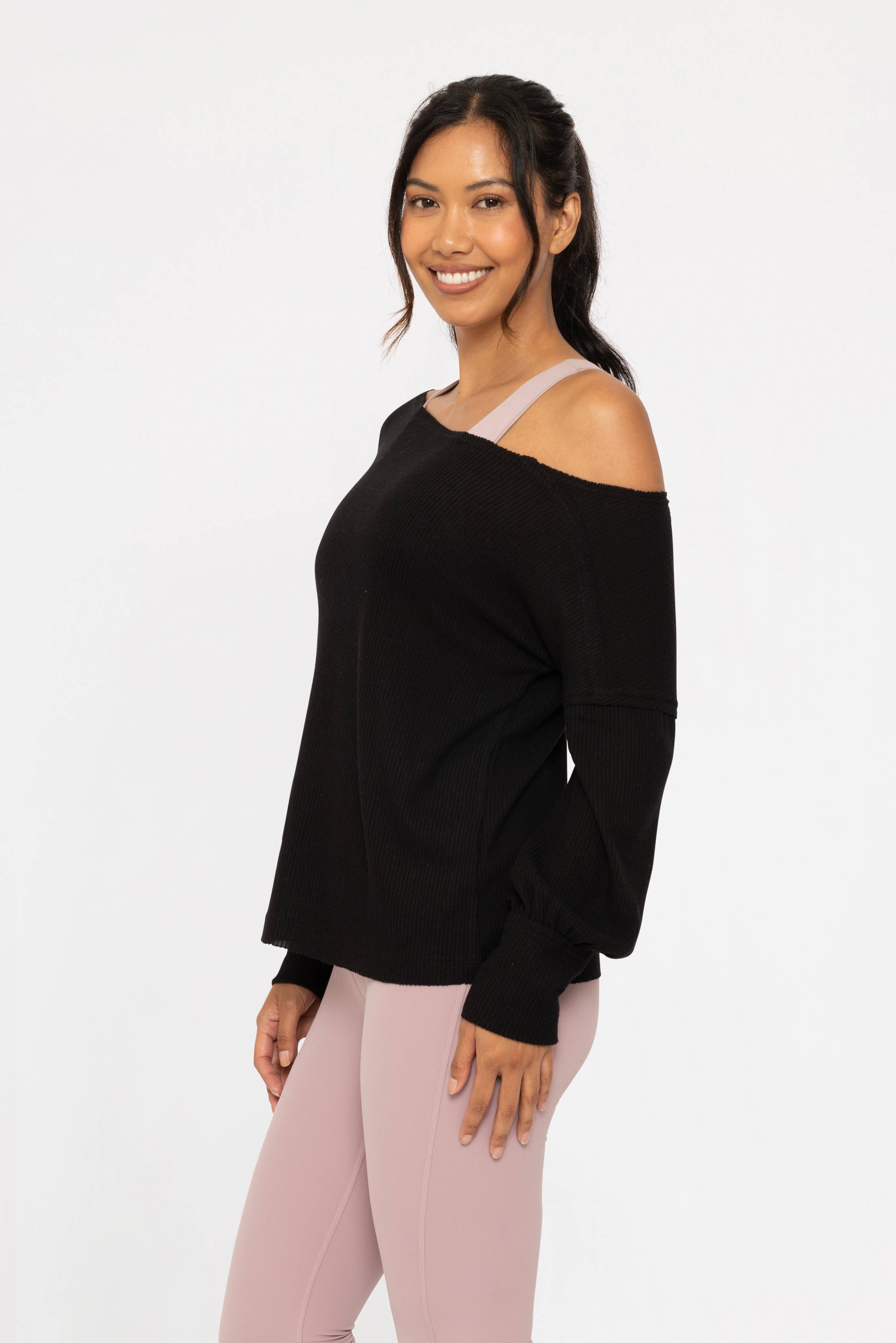 Women's L/S Ballet Ribbed Off-Shoulder Top: Black