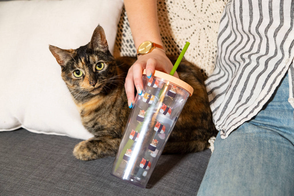 Cat sushi print water tumbler, held with cat