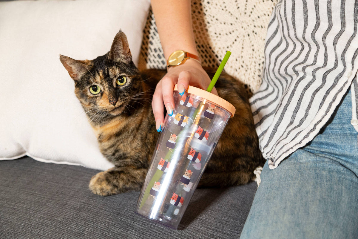 Cat sushi print water tumbler, held with cat