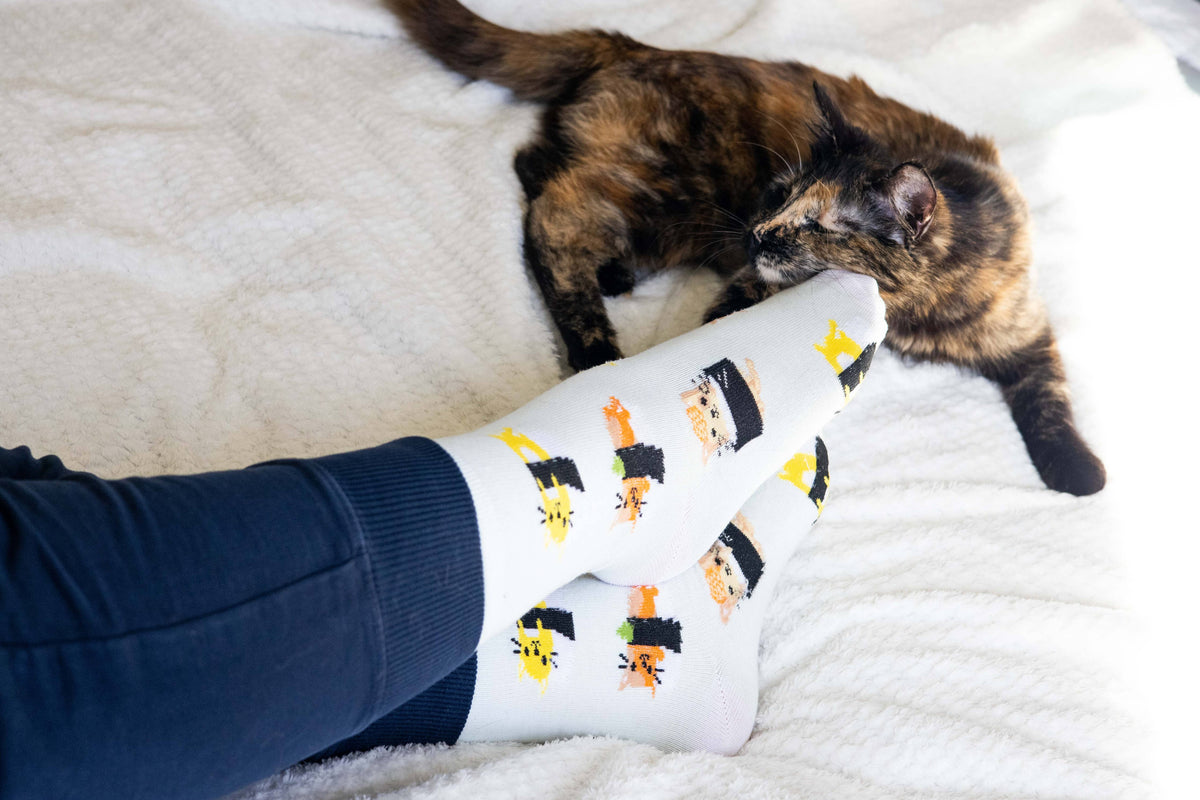 Cat sushi crew socks, worn with cat