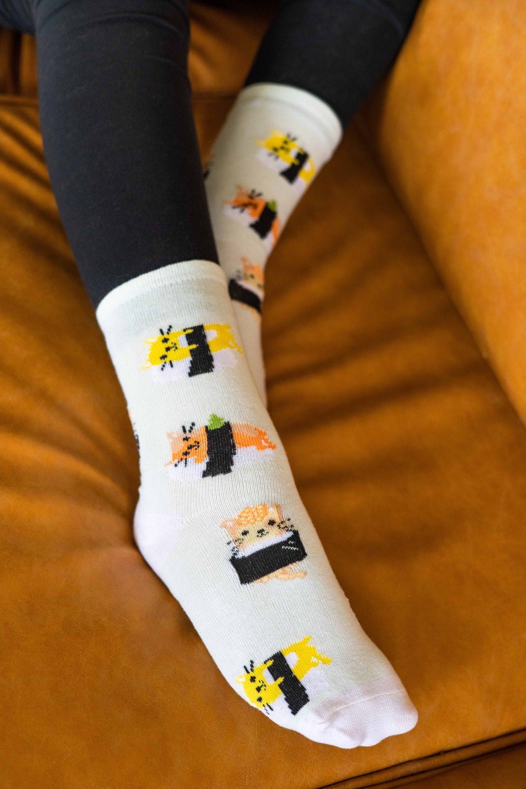Cat sushi crew socks, worn side view