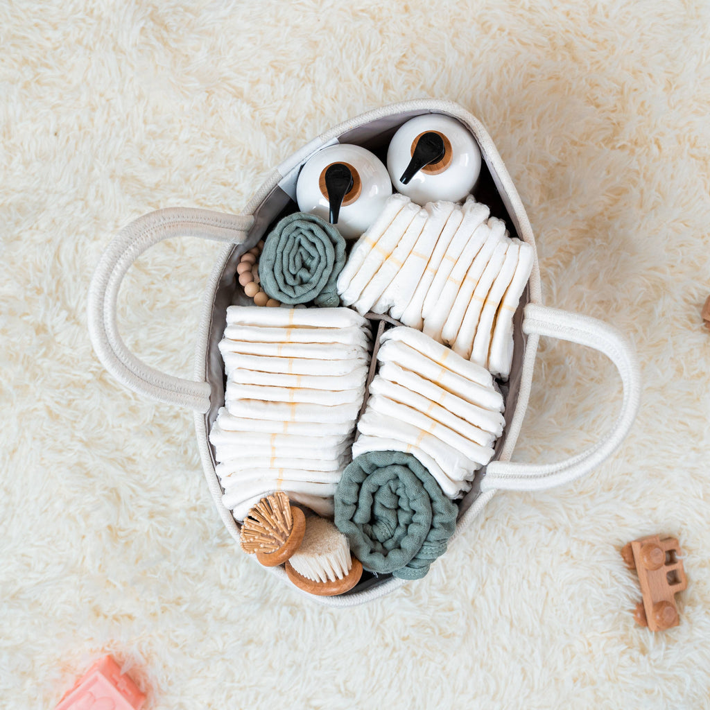 Roped diaper caddy in blush pink and white, detail 6