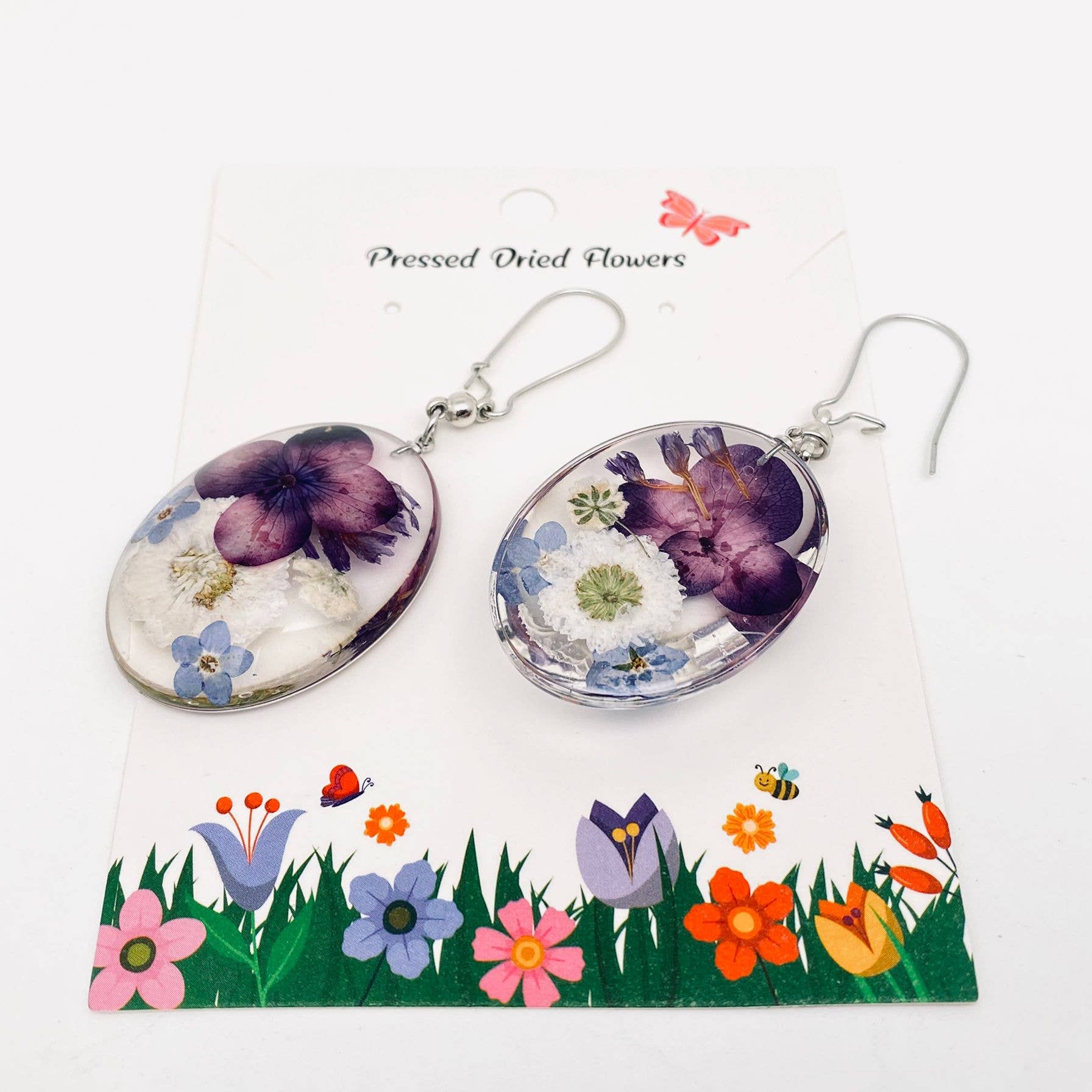 Genuine Pressed Flowers Earrings Dangle Silver Hook, Egg, Purple/Ivory/Blue, Chrysanthemum, Forget-Me-Not