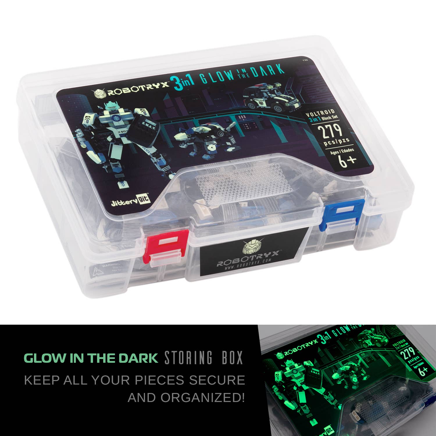 Robotryx Block Builder Set 3-in-1 (279 pc), Ages 6Y-Adult, Police Glow-in-the-Dark, Voltroid