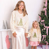 Mini Girls Coquette Christmas Tree Knit Sweater - Ivory Green Pink