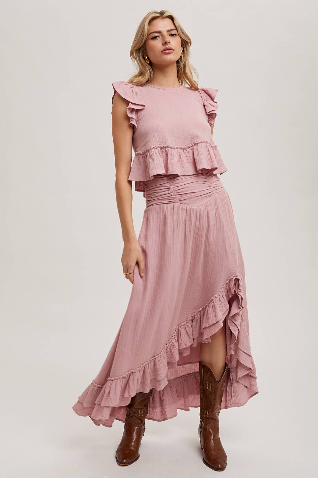 Women's Ruffled Semi Cropped Top - Petal Rose Pink