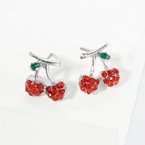 Rhinestone Pave Pierced Earrings - Cherries Red