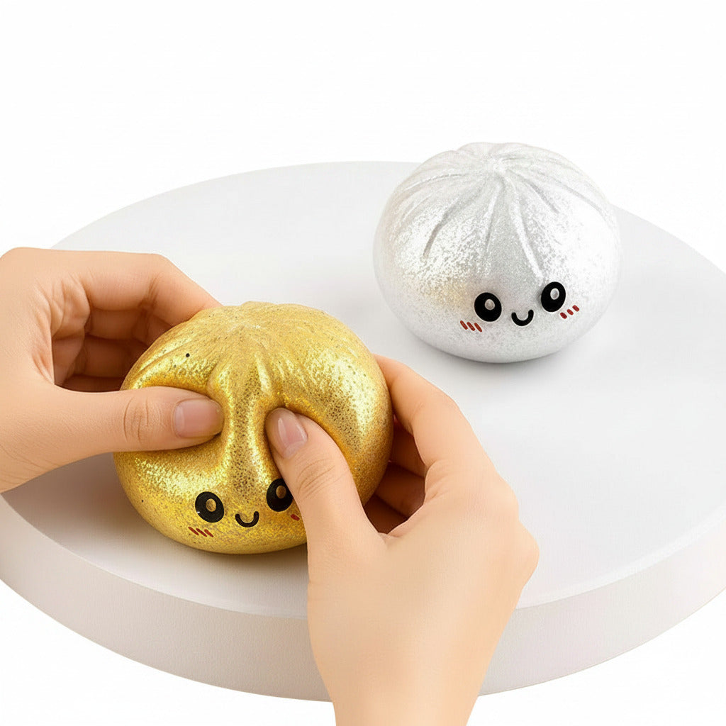 Slow Rise Squishy Sensory Toy -- Metallic Gold/Silver Mystery Glitter Steamed Bao Bun Dumpling Squeeze Squishy Stress Relief Toy
