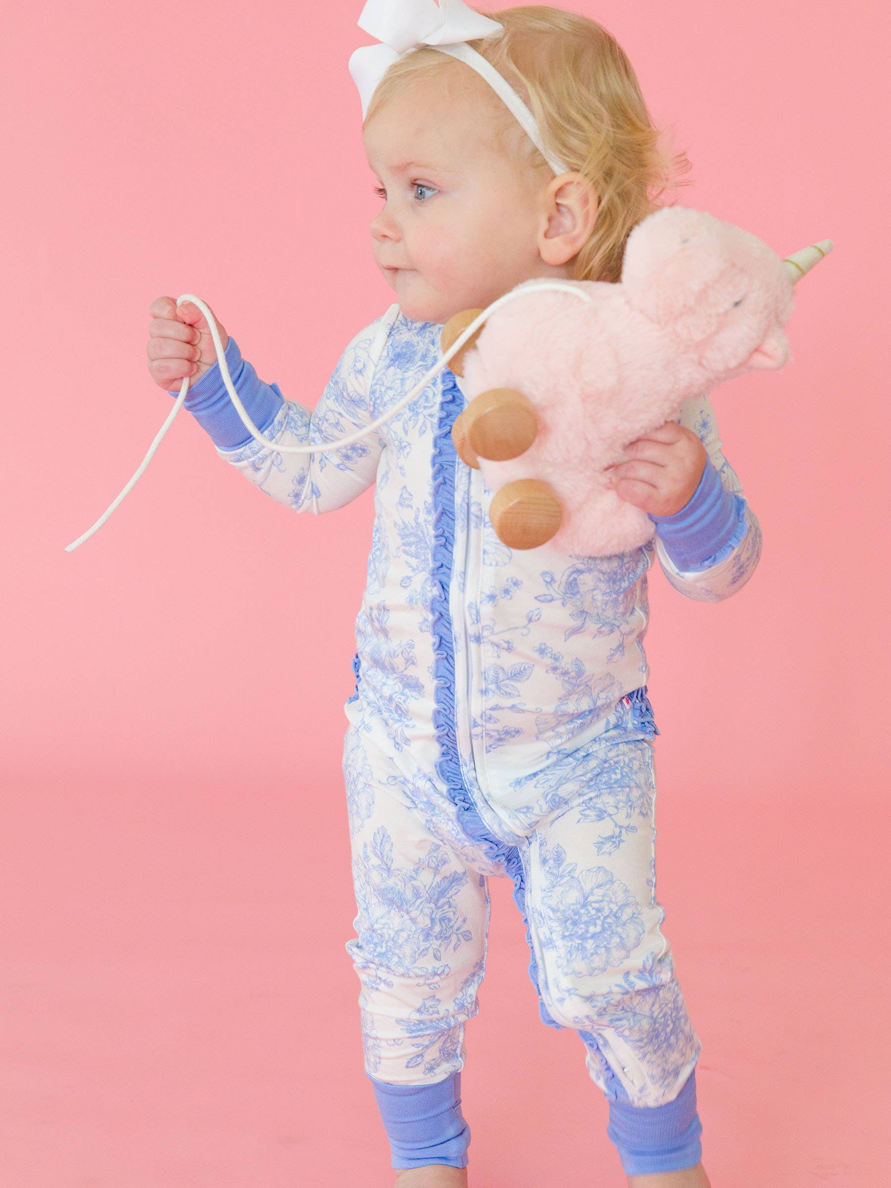 SoftSnooze™ Baby Girls Bamboo Convertible Ruffled Romper - Periwinkle Blue Butterfly Toile