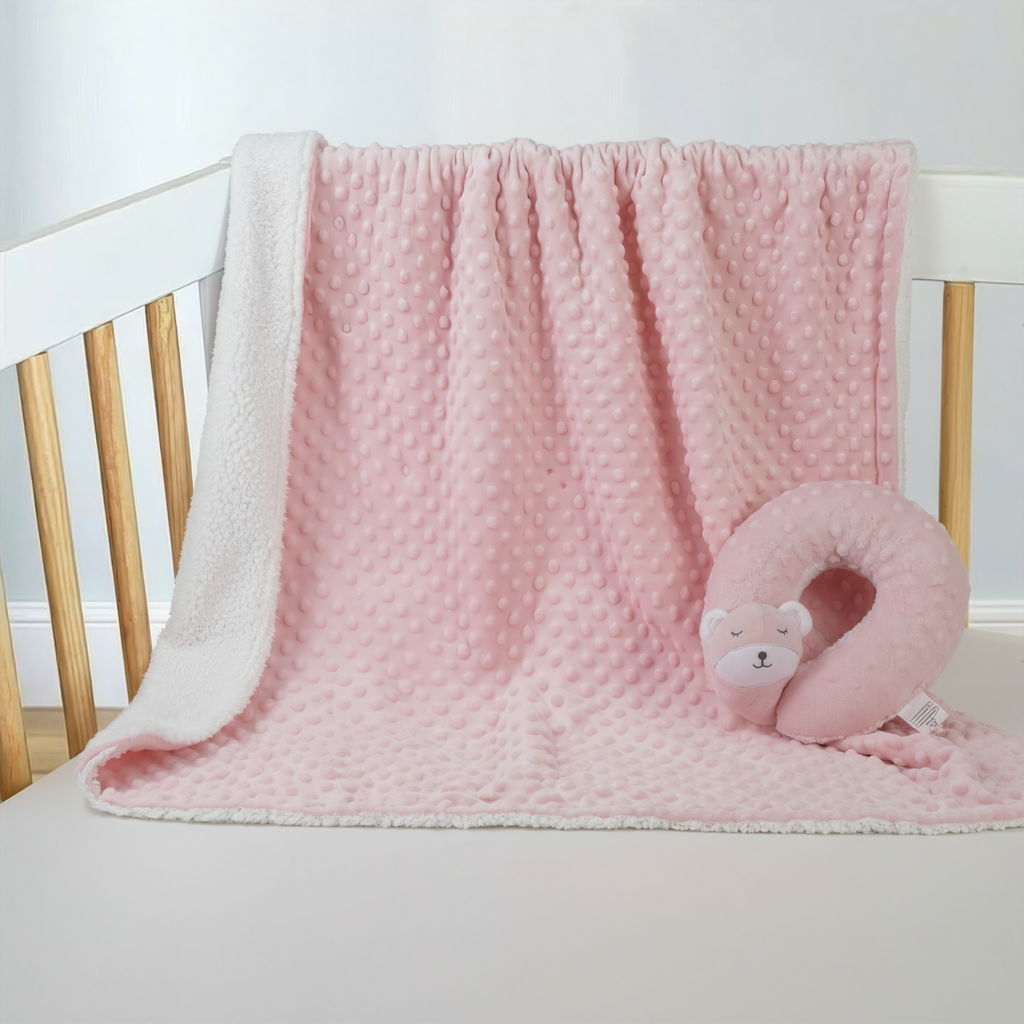 Minky Sleepy Plush Baby Blanket with Plush Neck Pillow: Pink Bear