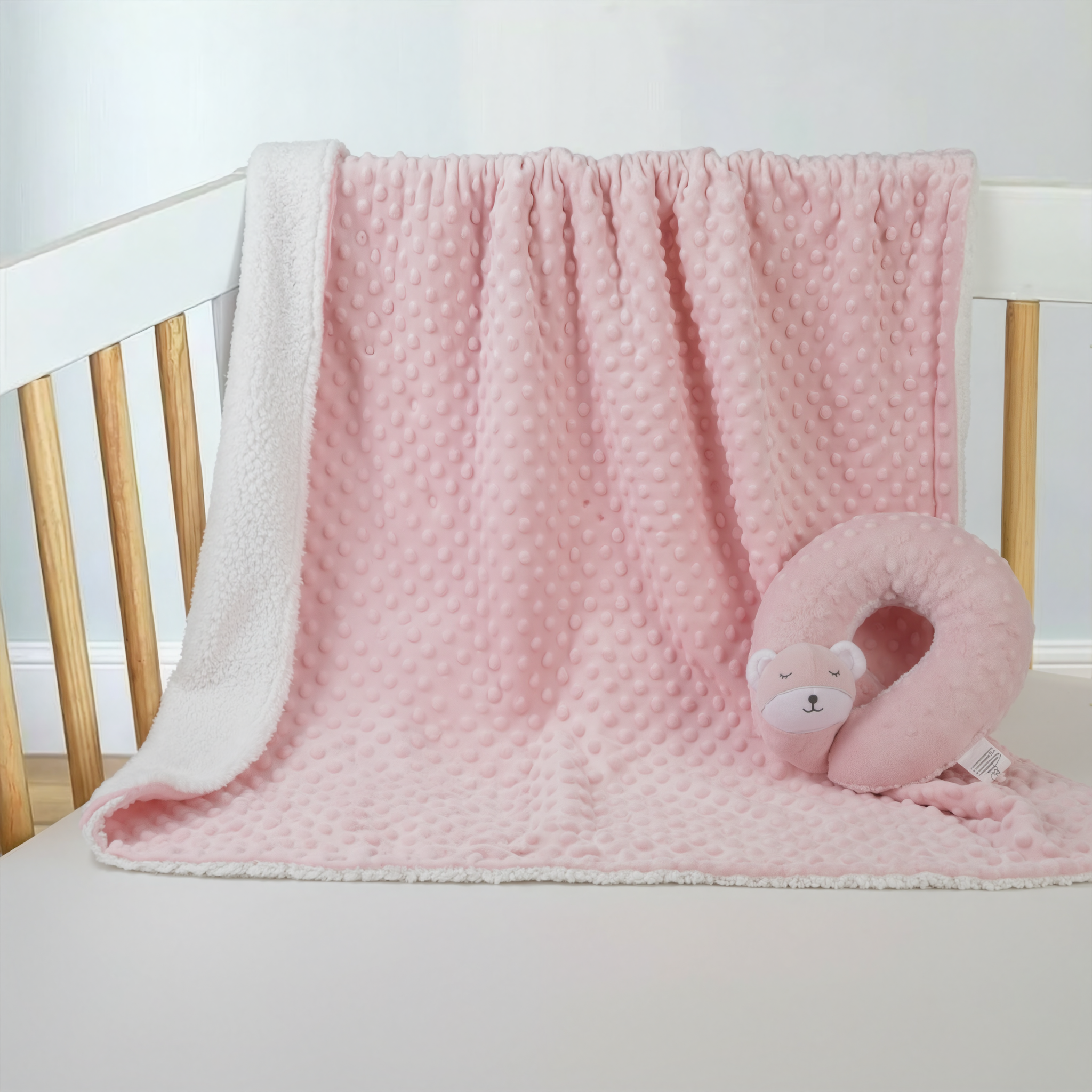 Minky Sleepy Plush Baby Blanket with Plush Neck Pillow: Pink Bear
