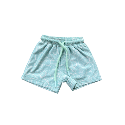 Toddler and Mini Boy's Swim Shorts Recycled Swimwear UPF 50, Beach Wave Sky Blue