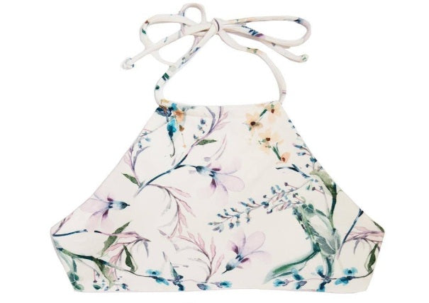 Tween/Teen Reversible Eco-friendly, Sustainable Swim Halter Top - Isla Corsica Natural Floral/Lt Lavender