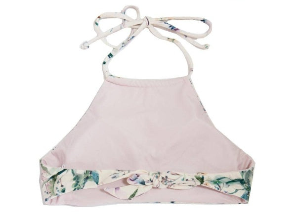 Tween/Teen Reversible Eco-friendly, Sustainable Swim Halter Top - Isla Corsica Natural Floral/Lt Lavender