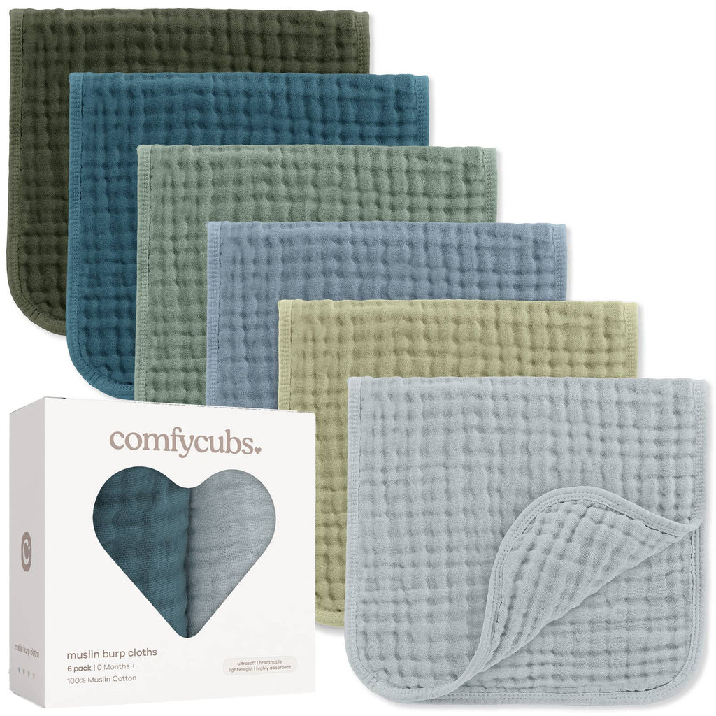 Muslin burp cloths 6-pack in Multi Blues & Greens with gift box