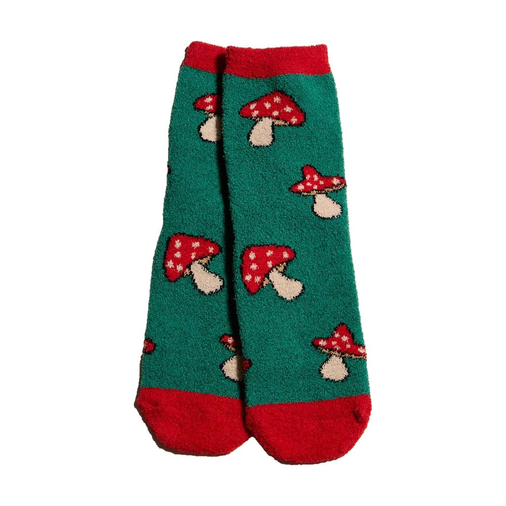 Cozy fuzzy holiday socks, forest mushroom, front view