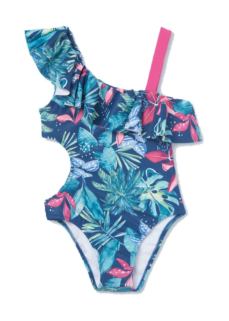 Mayoral cut out one shoulder ruffled onepiece swimsuit, bouganvilla, front view