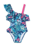 Mayoral cut out one shoulder ruffled onepiece swimsuit, bouganvilla, front view