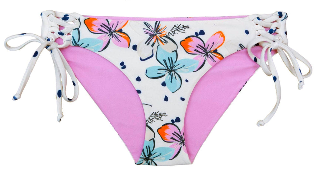 Tween/Teen Reversible Eco-friendly, Sustainable Swim Bottom, Side Ties - Malia Tropical Flowers/Orchid Solid