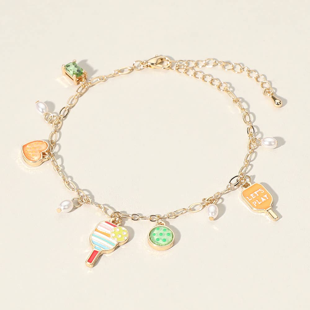 Pickleball - Lets Play Enamel Pickleball Pearl Charm Bracelet, Gold, Colorful