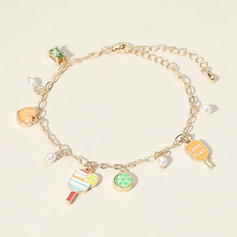 Pickleball - Lets Play Enamel Pickleball Pearl Charm Bracelet, Gold, Colorful
