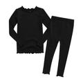 Black ribbed modal pajama set with lettuce edge trim, top and leggings front view