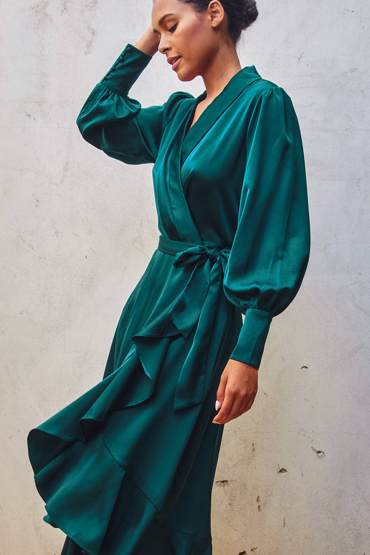 Satin Ruffled Midi Wrap Dress - Jewel Tone Emerald