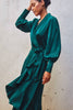 Satin Ruffled Midi Wrap Dress - Jewel Tone Emerald