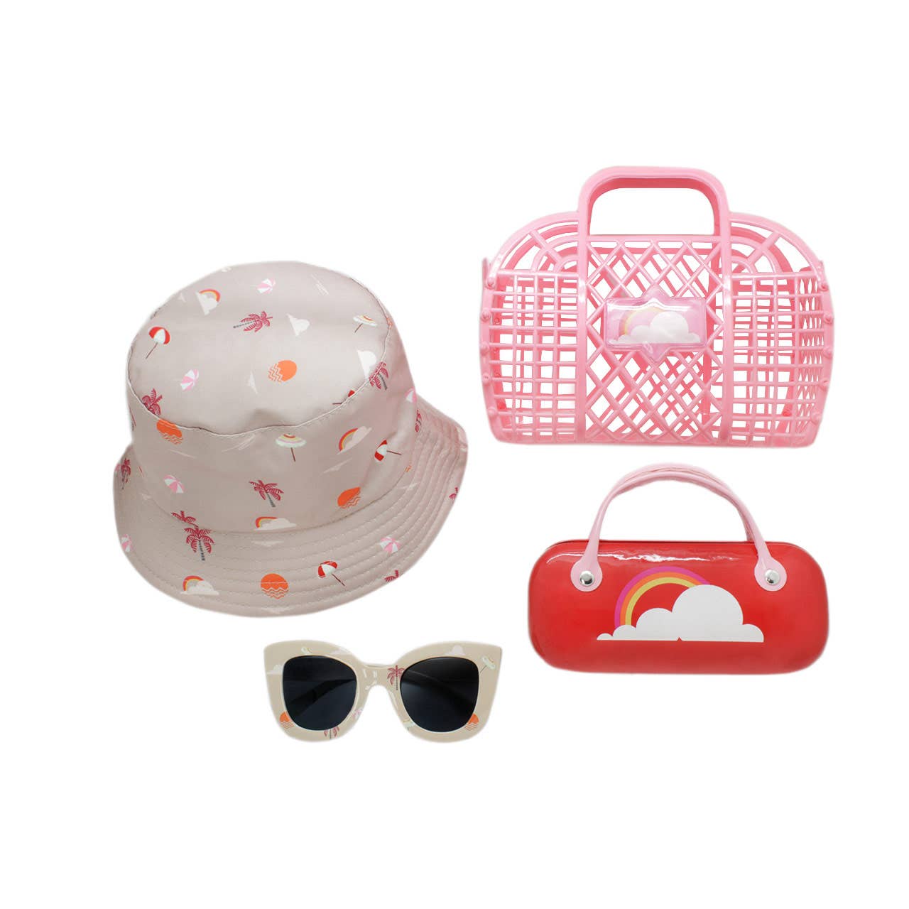 Kids Sunglasses, Carrying Case, Bucket Sun Hat, and Beach Bag 4 PC Set, Neutral and Red Beach Palms, 2Y-5Y