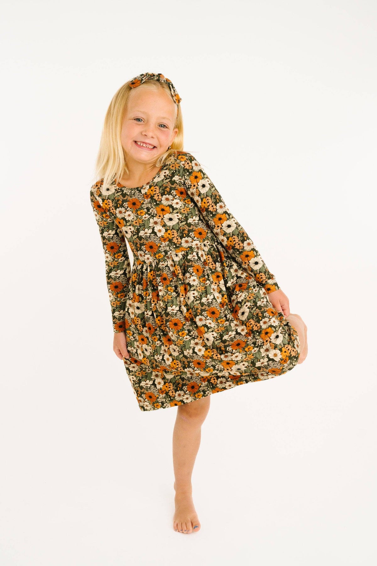 Bamboo L/S Twirl Dress - Green & Burnt Orange, Rustic Blooms