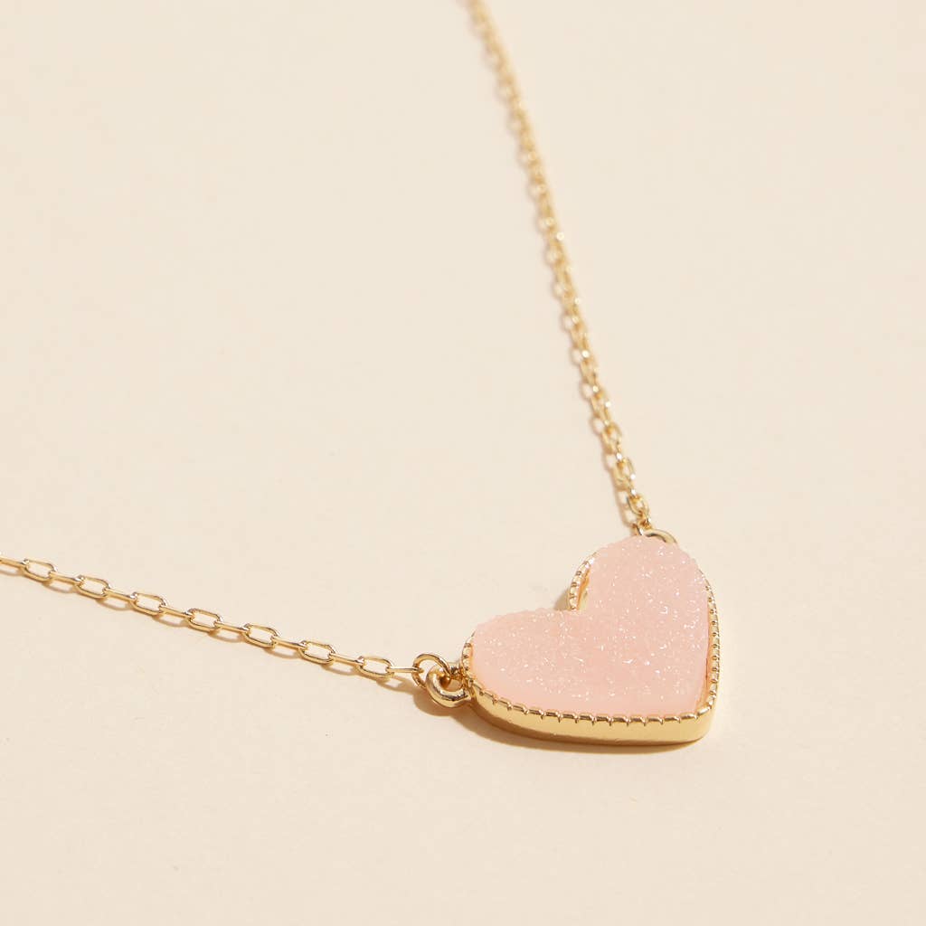 Gold Heart Druzy Stone Charm Short Necklace: Peachy Pink