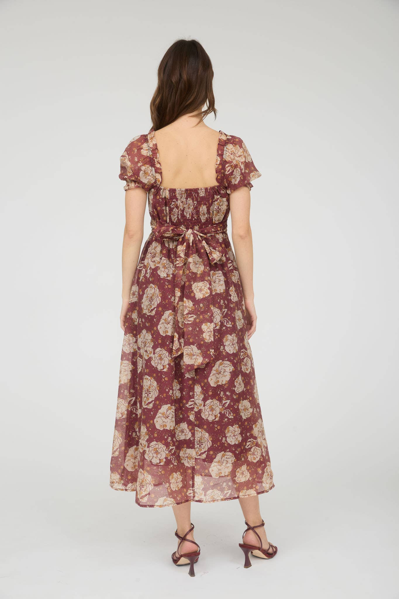 Women's Floral Sweetheart Neckline Back Tie Midi Length Dress - Autumn Floral