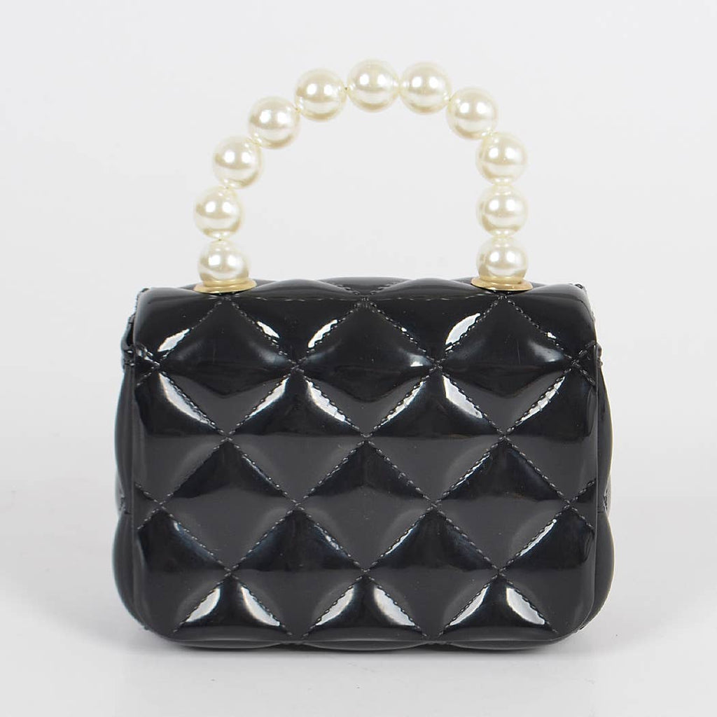 Quilted Jelly Handbag w/Pearlized Handle - Black