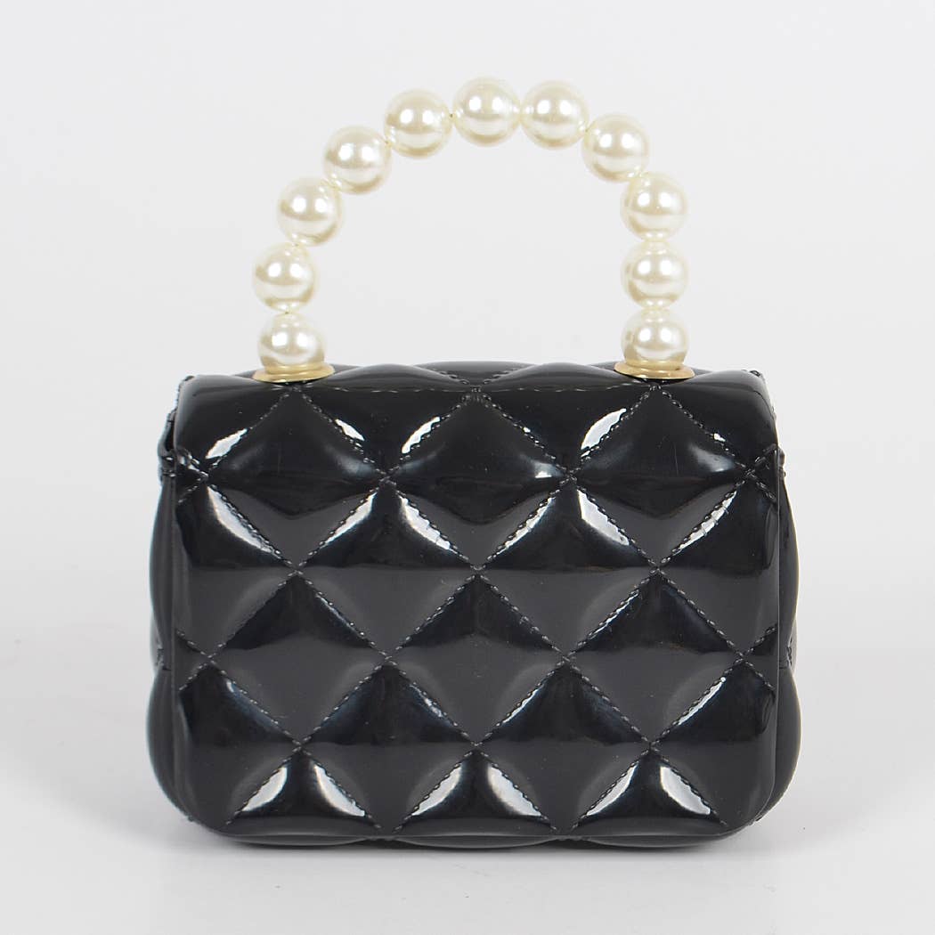 Quilted Jelly Handbag w/Pearlized Handle - Black