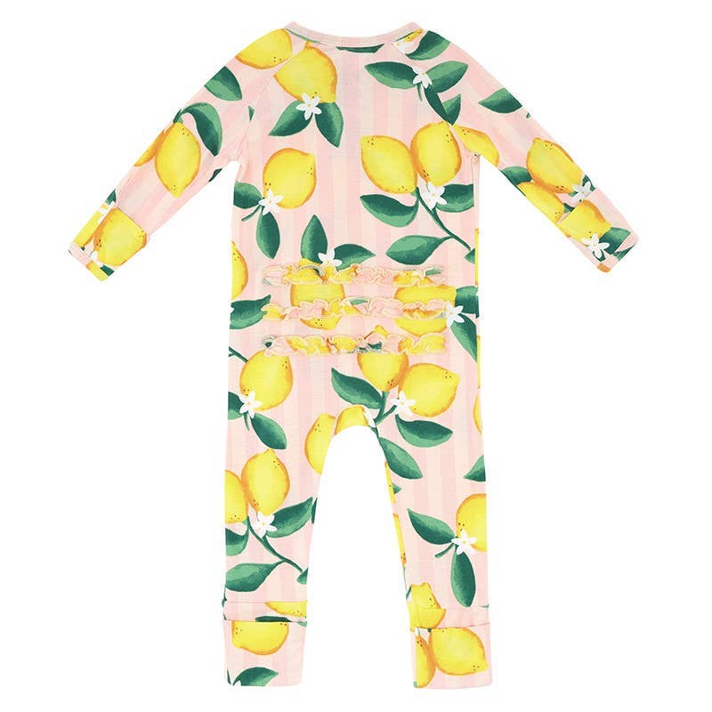 Bamboo Zippered L/S Convertible Ruffled Romper - Pink Stripe Lemons