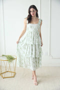 Women's Tie Strap Floral Tiered Midi Sun Dress - Sage Green Floral