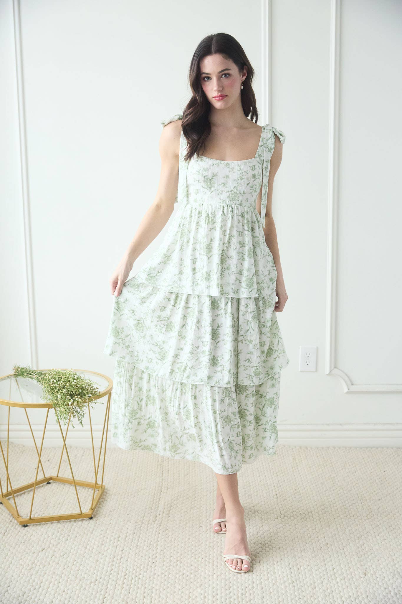 Women's Tie Strap Floral Tiered Midi Sun Dress - Sage Green Floral