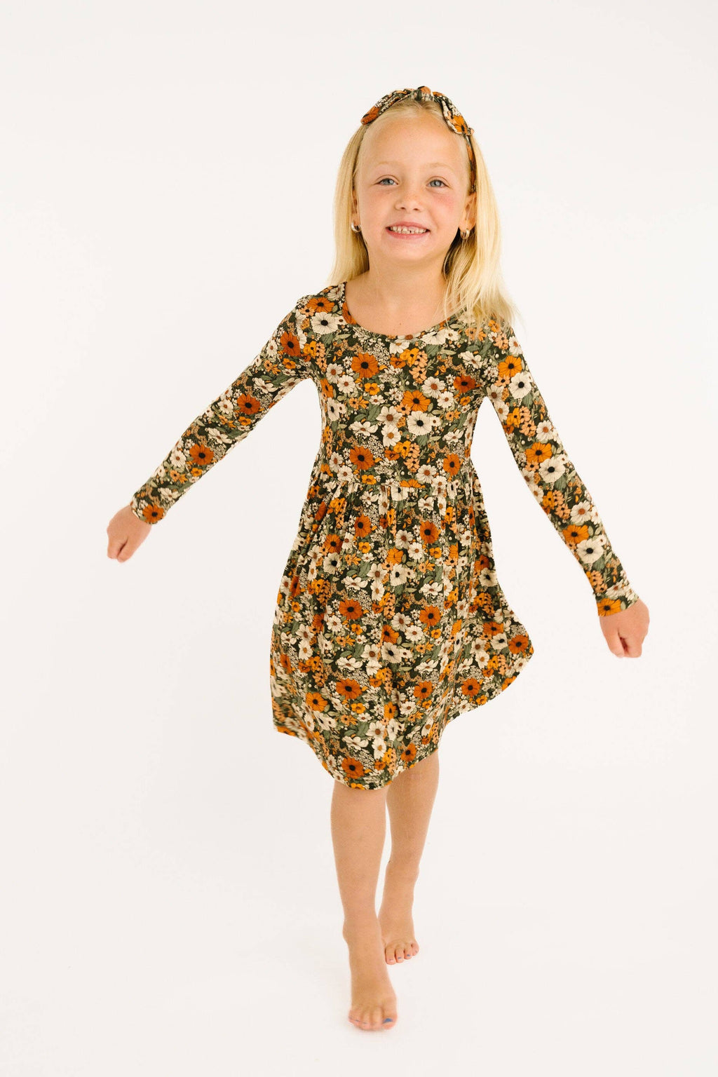 Bamboo L/S Twirl Dress - Green & Burnt Orange, Rustic Blooms